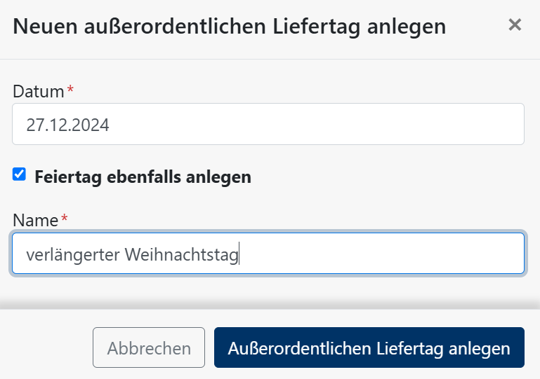 Außerordentlichen Liefertag anlegen