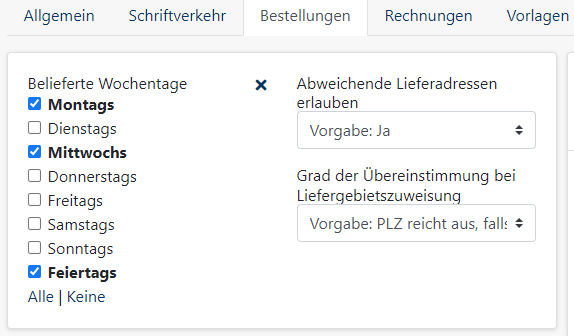 Bestellungen an Wochentagen - Einstellung