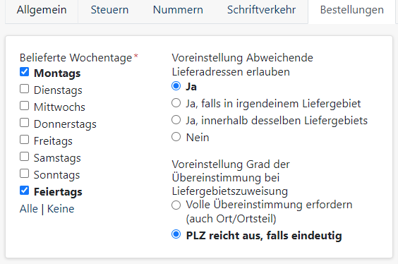 Bestellungen an Wochentagen - Einstellung