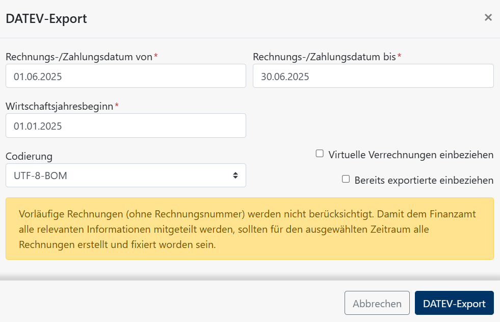 Datev Export Auswahlmaske