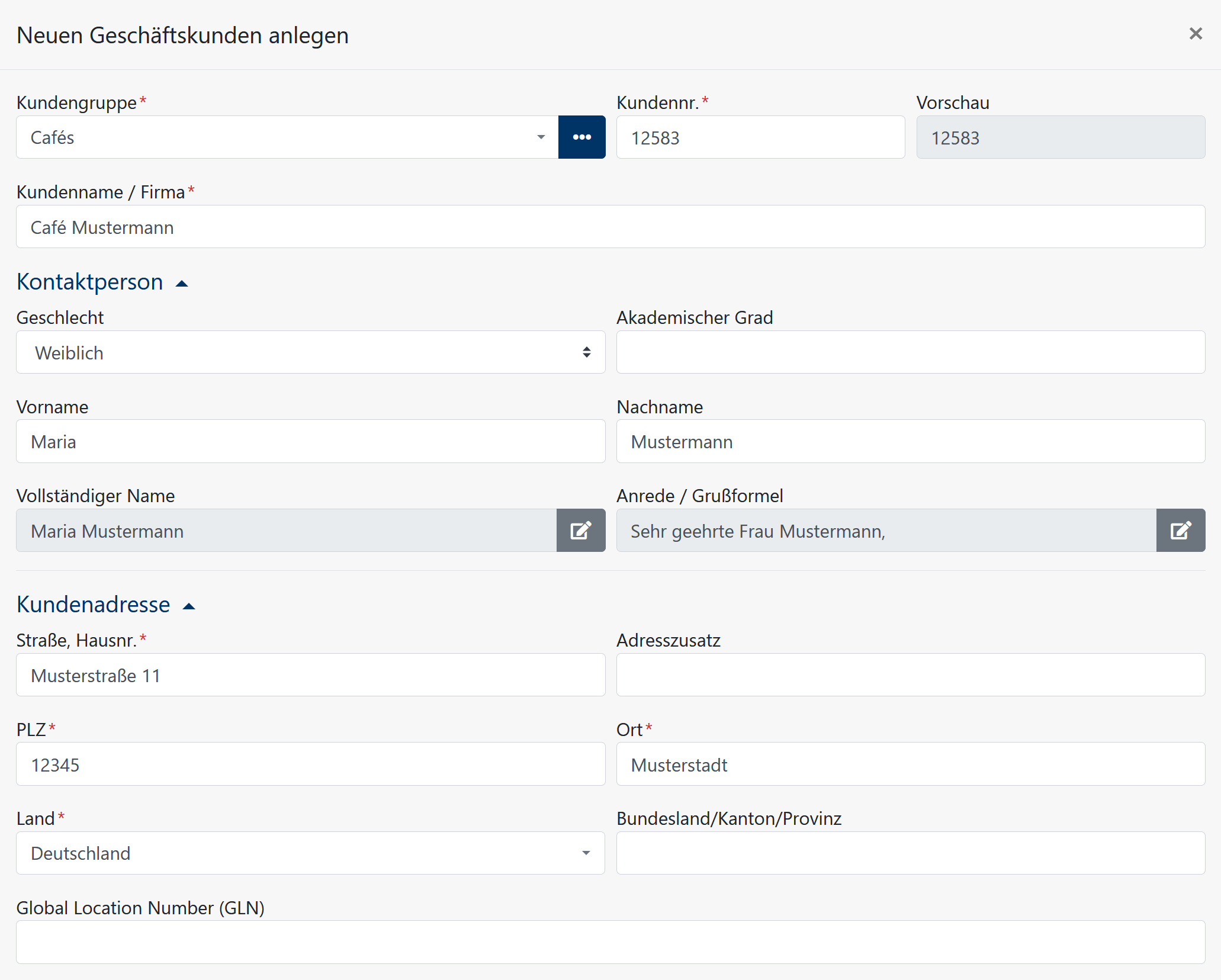 Kundenstammdaten - Verwaltung - Kundenanlage Geschäftskunde - Formular