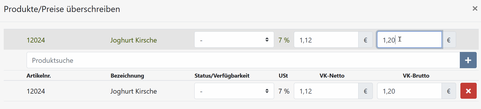 Produktpreisüberschreibung