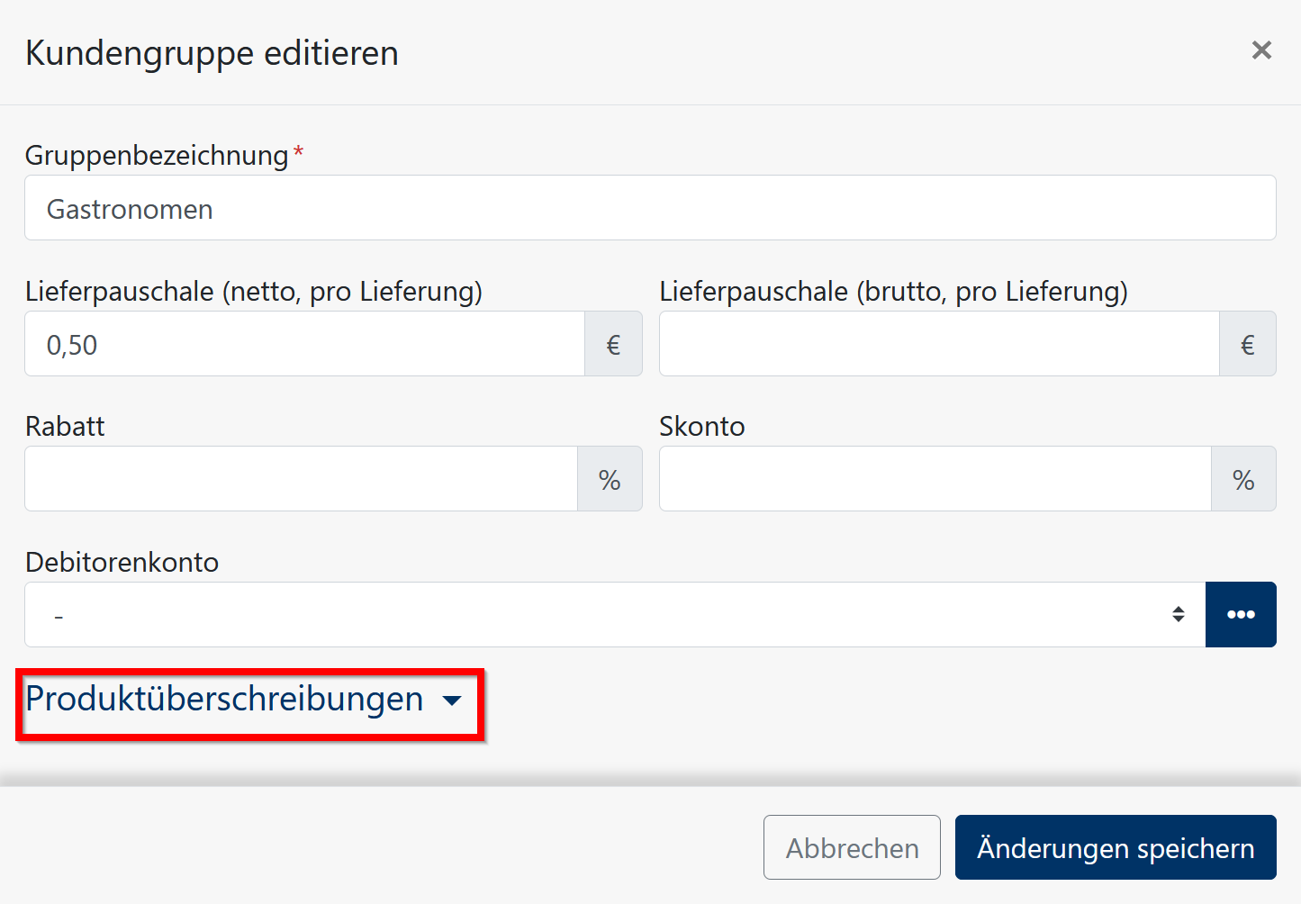 Produktüberschreibung - Button