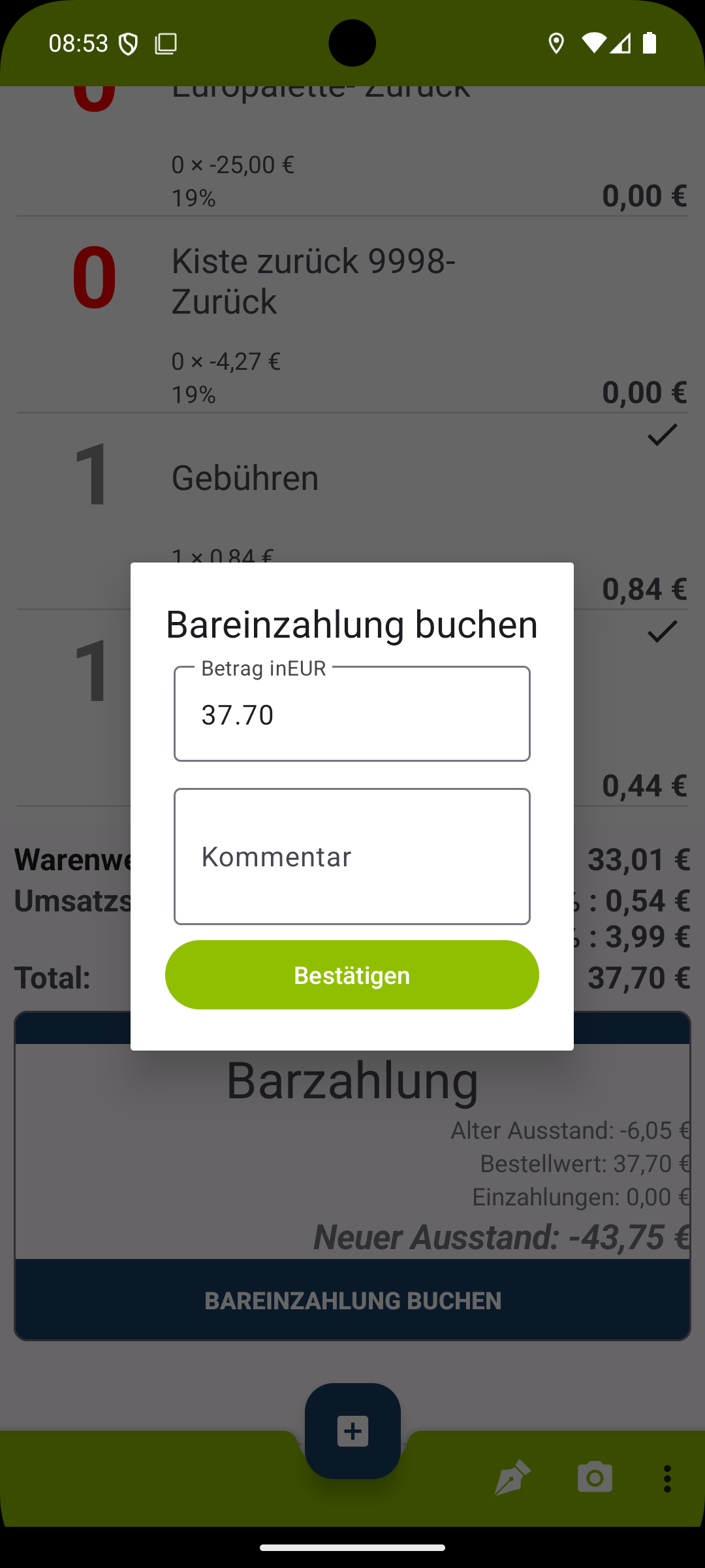 Liefer-App Android Bareinzahlung eingeben