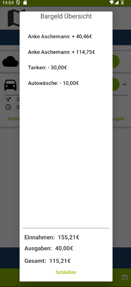Liefer-App Android Bargeldübersicht