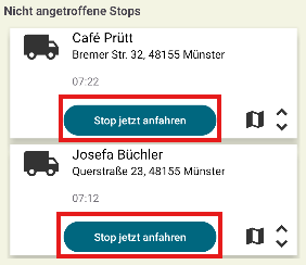 Liefer-App Android Kunden nicht angetroffen jetzt anfahren Button