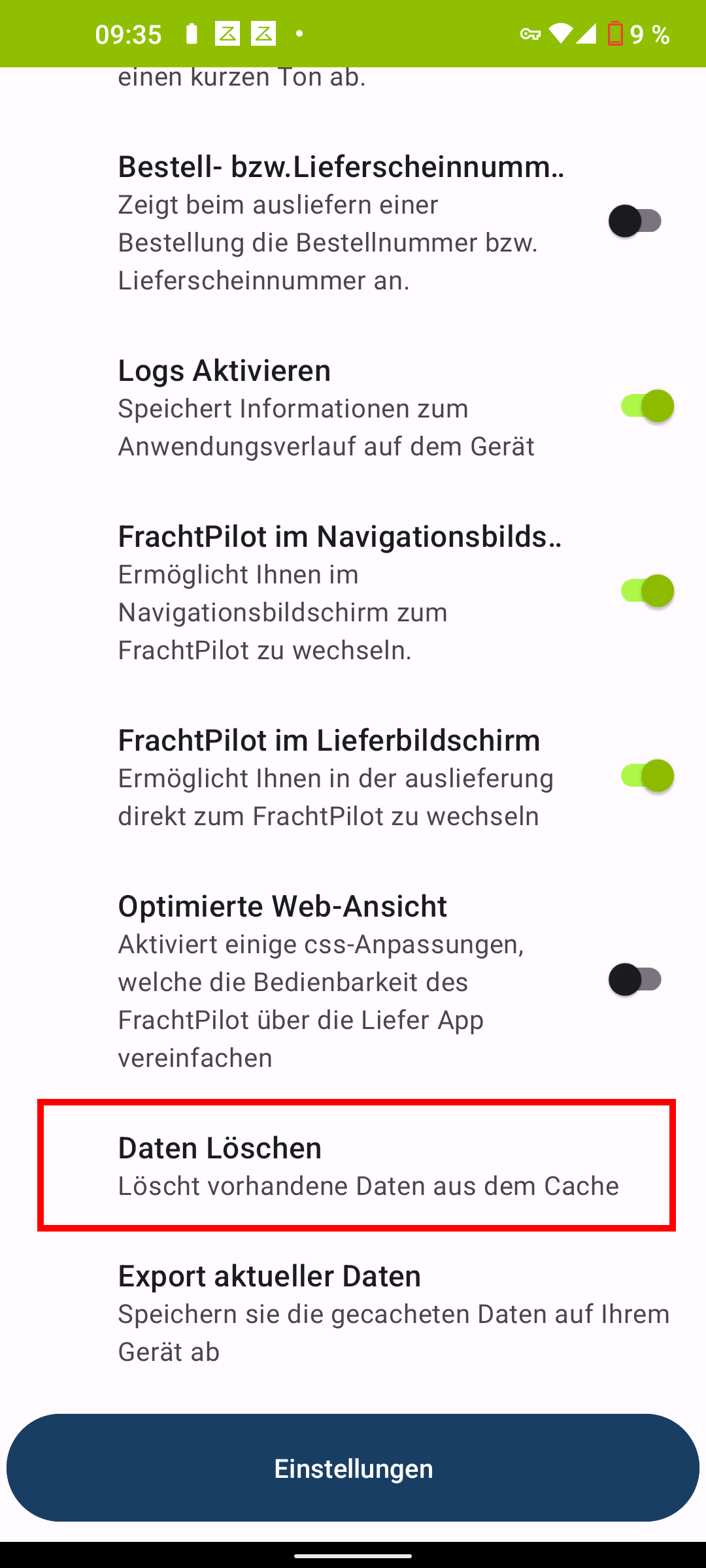 Liefer-App Funktion Daten löschen