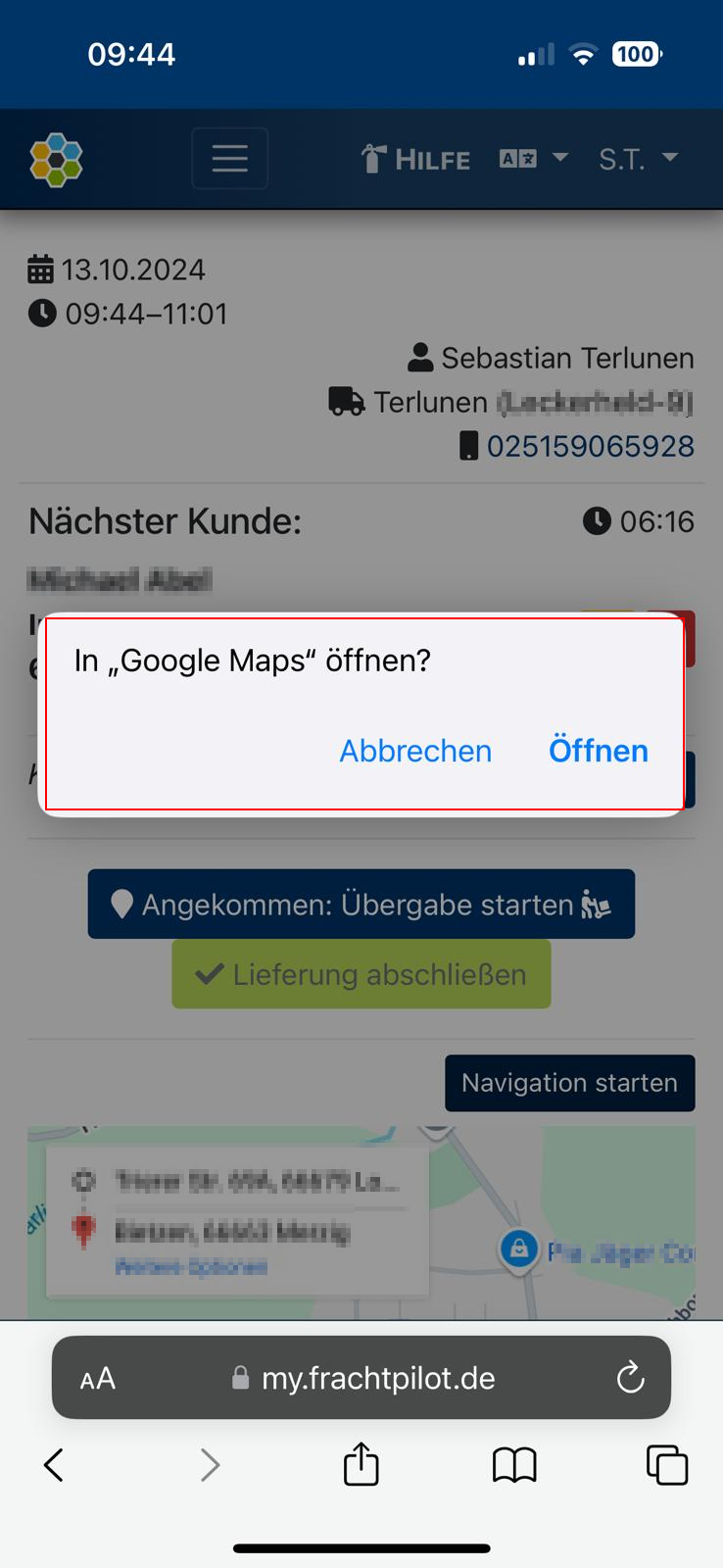 FrachtPilot Google Maps öffnen