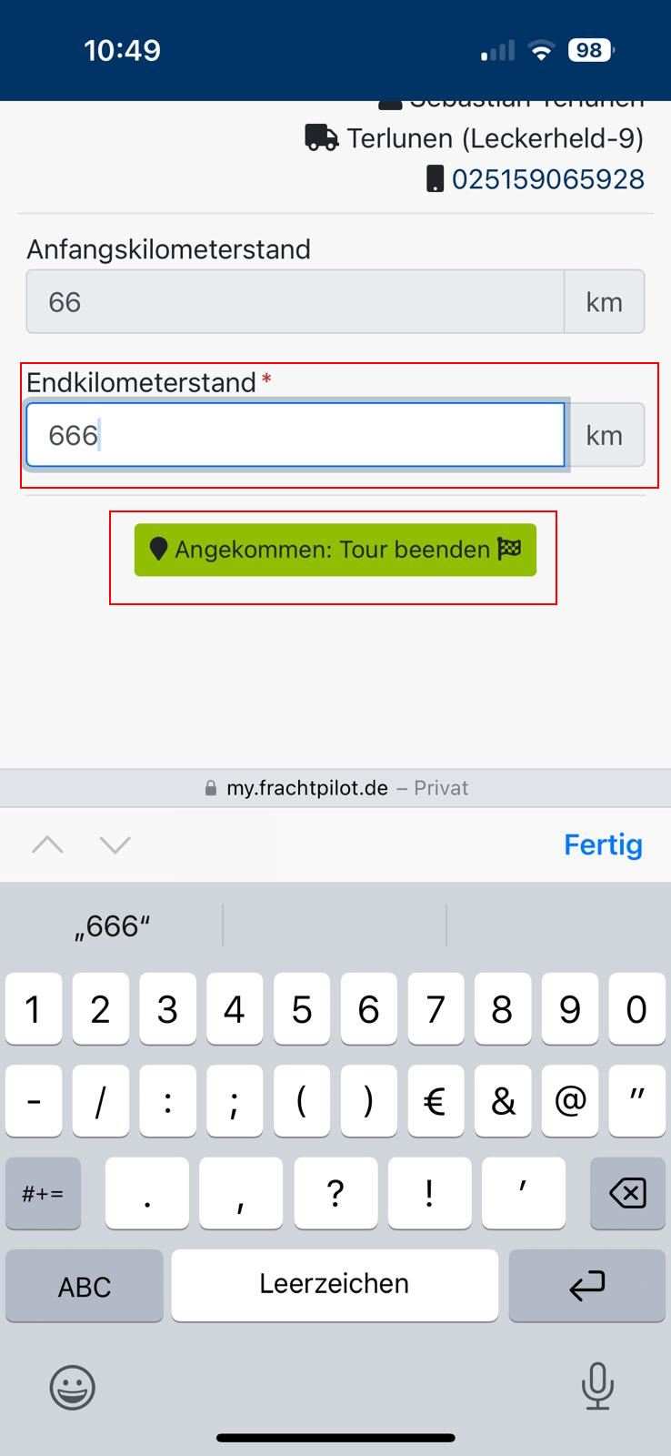 FrachtPilot Tour beenden - Eingabe KM-Stand