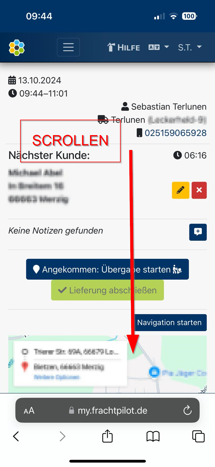 FrachtPilot Navigation starten – Scrollen