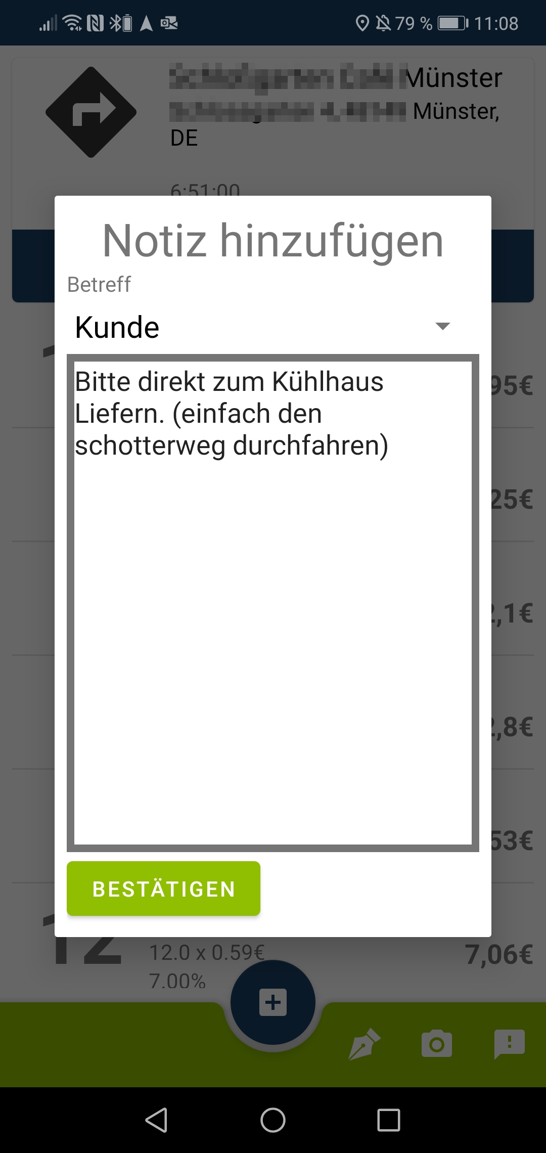 Liefer-App Notiz Hinweis