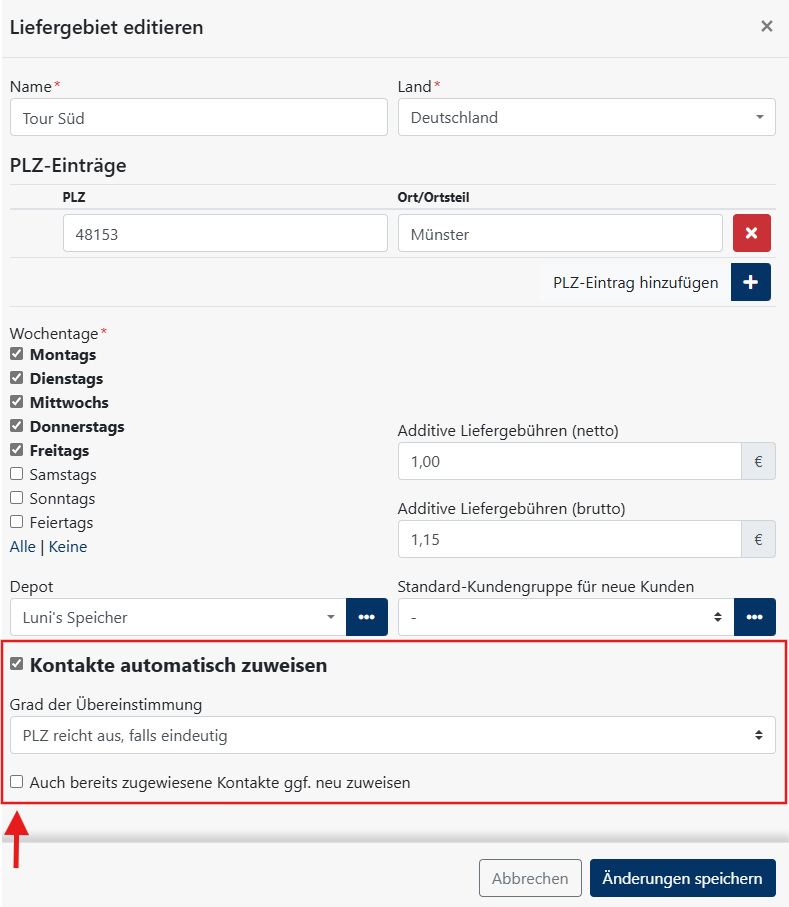 Liefergebiet: Kontakte individuell zuweisen