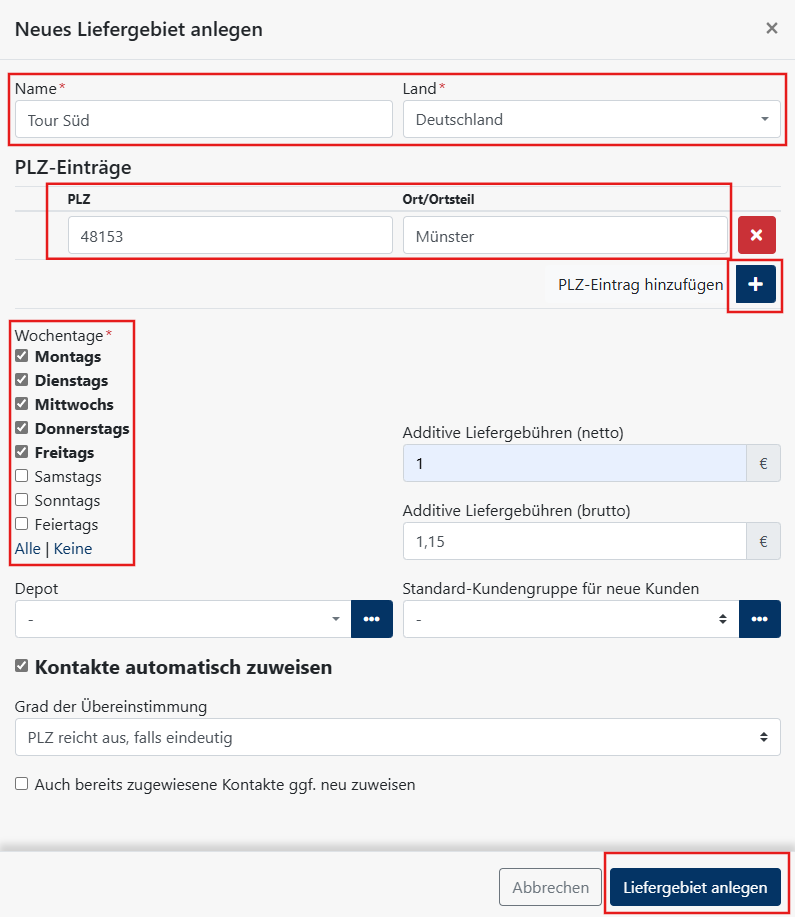 Einstellungen für neues Liefergebiet