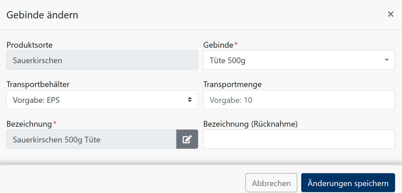 Gebinde ändern Dialog