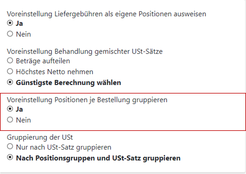 Rechnungen - Konfiguration - Bestellungen gruppieren