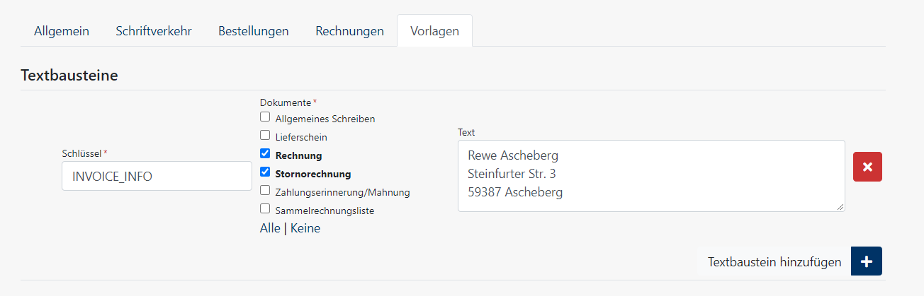 Rechnung - Konfiguration - Rechnungsempfänger Textbaustein