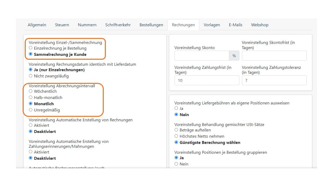 Rechnungen - Konfiguration Sammelrechnung - Allgemein