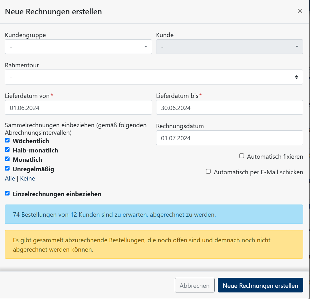 Neue Rechnungen erstellen – Fenster