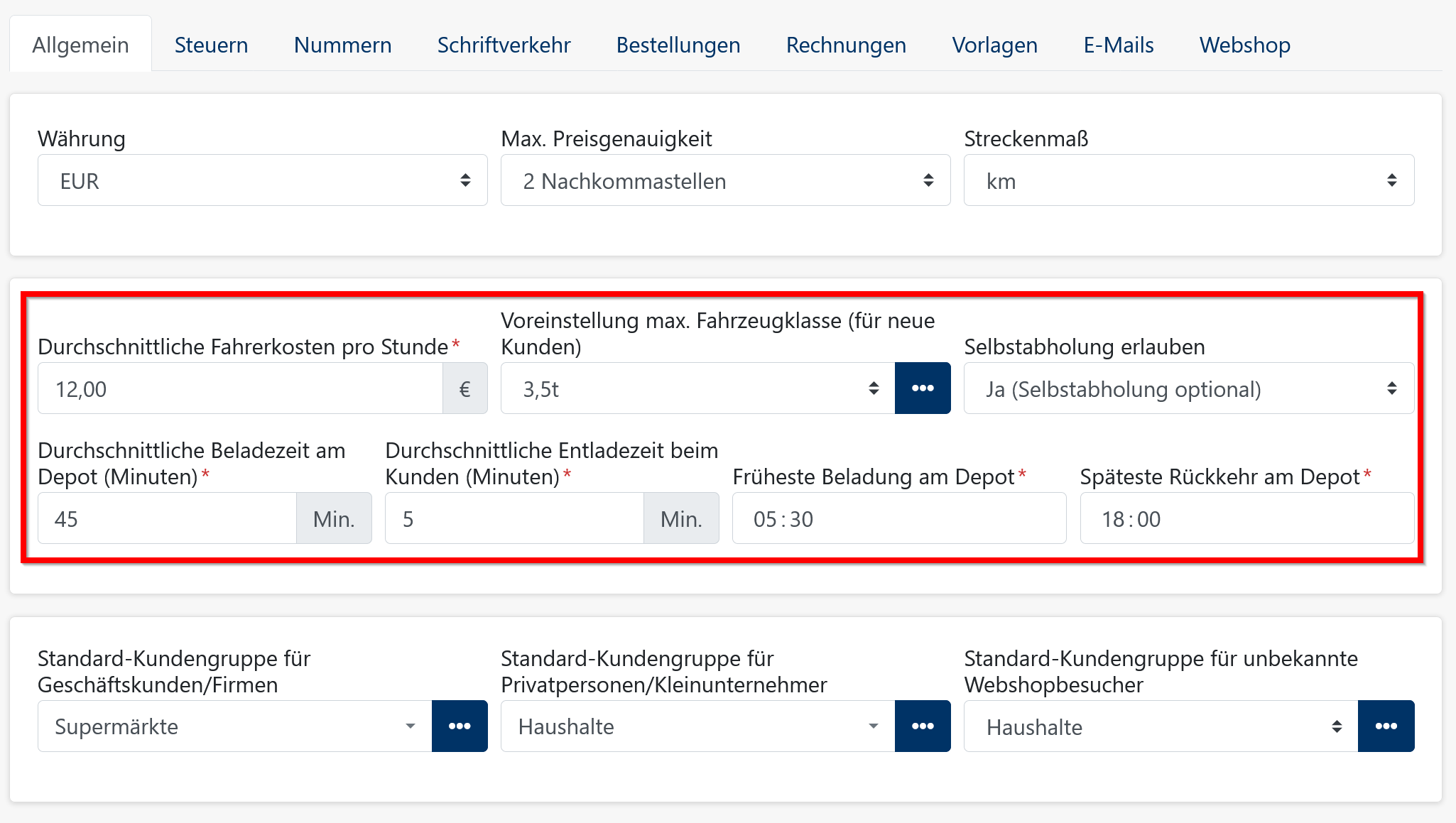 Tourenplanung - Planungsparameter