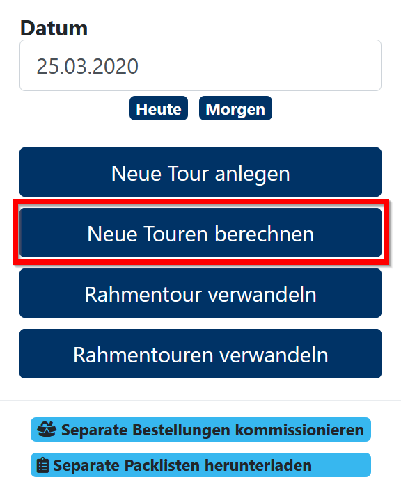 Tourenplanung - Auswahldialog