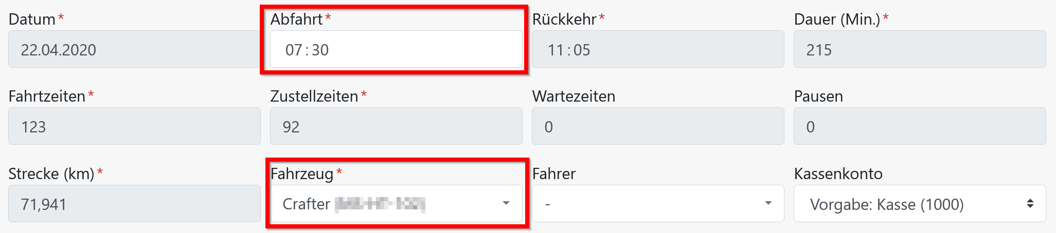 Tourenplanung - Eingabefeld: Abfahrt und Ankunft