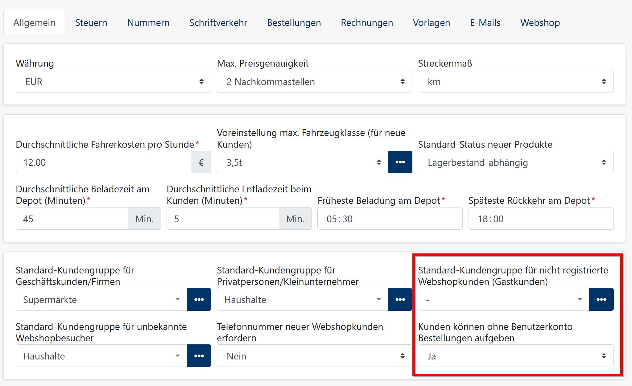 Webshop -  Gastbestellungen Einstellungen